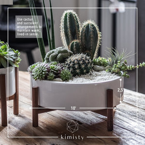 White Planter with Wood Plant Stand