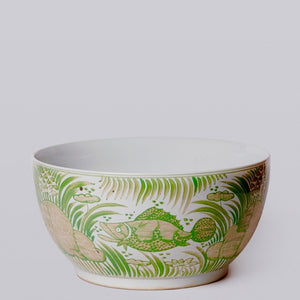 Green & White Fish and Lotus Porcelain Bowl