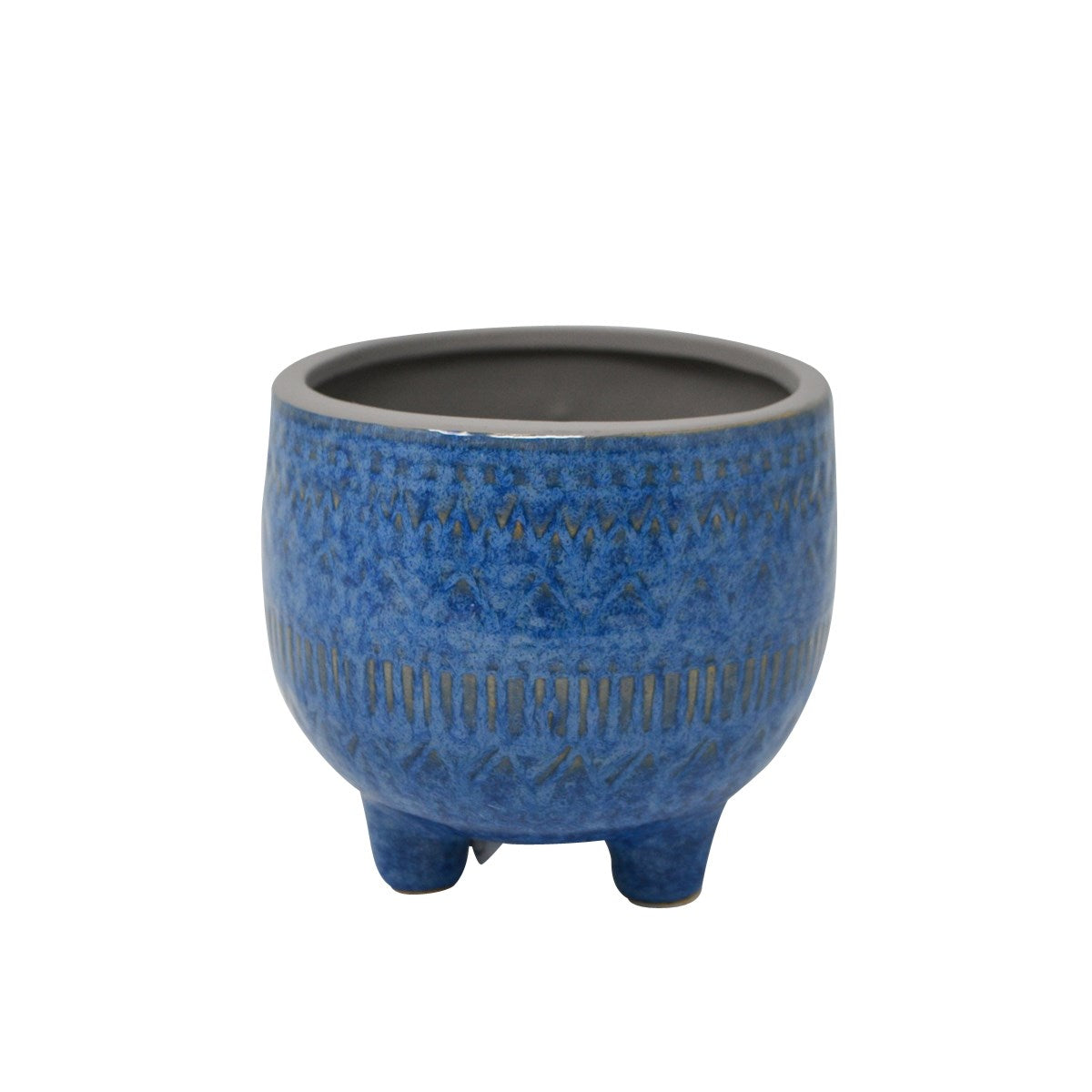 This raised round indigo blue ceramic pot with padded feet features a simple geometric pattern. This pot measures 4" in diameter and would be suitable for a plant in a 3-3.5"  grow/nursery pot. 